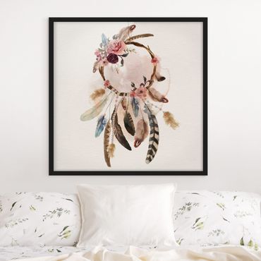Ingelijste posters Dream Catcher With Roses And Feathers