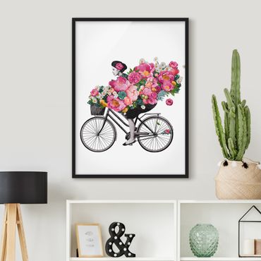 Ingelijste posters Illustration Woman On Bicycle Collage Colourful Flowers
