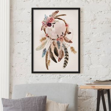 Ingelijste posters Dream Catcher With Roses And Feathers
