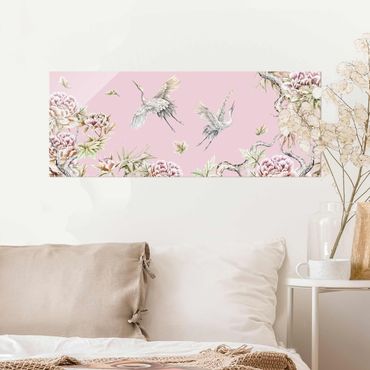 Glasschilderijen Watercolour Storks In Flight With Roses On Pink