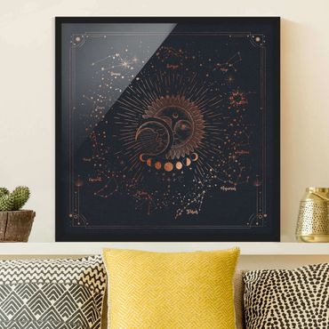 Ingelijste posters Astrology Sun Moon And Stars Blue Gold