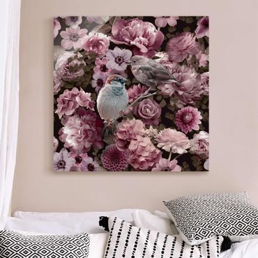 Glasschilderijen Floral Paradise Sparrow In Antique Pink
