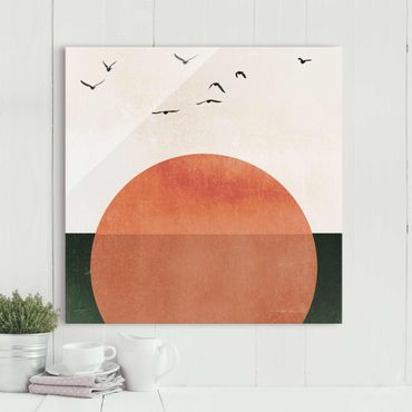 Glasschilderijen Flock Of Birds In Front Of Rising Sun