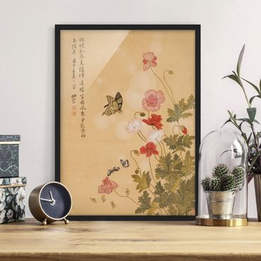 Ingelijste posters Yuanyu Ma - Poppy Flower And Butterfly