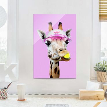 Glasschilderijen Giraffe Playing Tennis