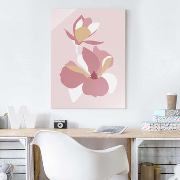 Glasschilderijen Line Art Flowers Pastel Pink