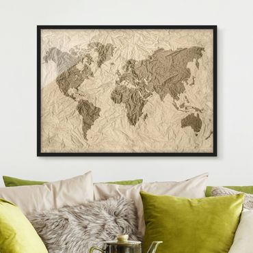Ingelijste posters Paper World Map Beige Brown