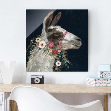 Glasschilderijen Lama With Floral Decoration I