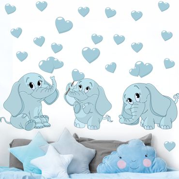Muurstickers Three blue elephant babies with hearts