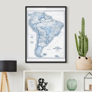 Ingelijste posters Map In Blue Tones - South America