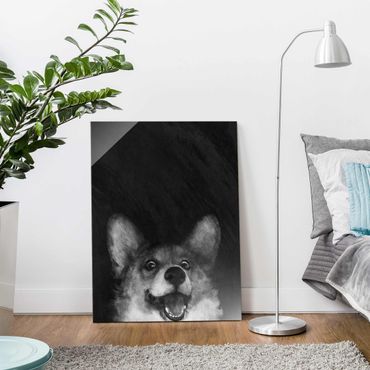 Glasschilderijen Illustration Dog Corgi Paintig Black And White