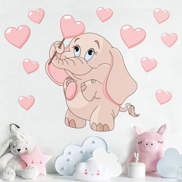 Muurstickers Elephant baby with pink hearts