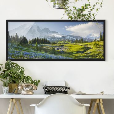 Ingelijste posters - Mountain Meadow With Blue Flowers in Front of Mt. Rainier