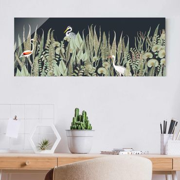 Glasschilderijen Flamingo And Stork With Plants On Green