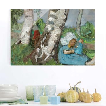 Glasschilderijen Paula Modersohn-Becker - Child with Doll Sitting on a Birch Trunk