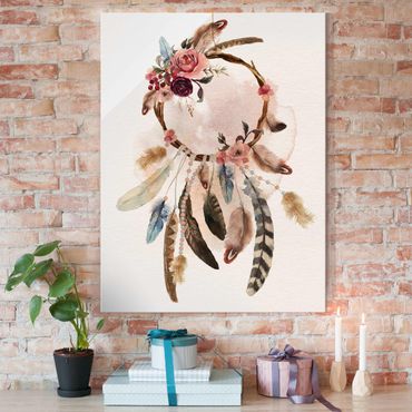 Glasschilderijen Dream Catcher With Roses And Feathers