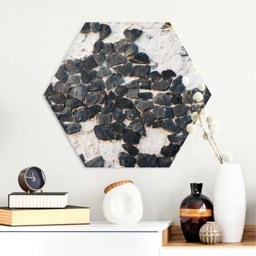 Hexagons Forex schilderijen Wall With Black Stones