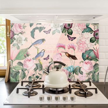 Spatscherm keuken Vintage Collage - Rosen und Vögel