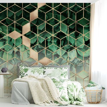 Patroonbehang Green Leaves Golden Geometry