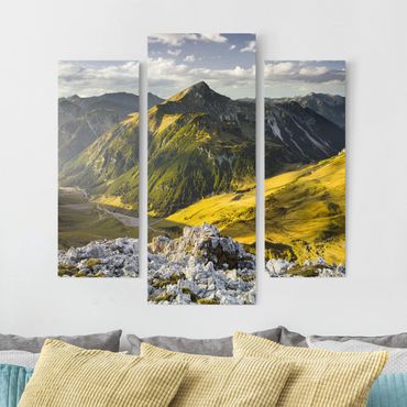 Canvas schilderijen - 3-delig Mountains And Valley Of The Lechtal Alps In Tirol