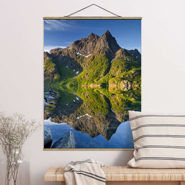 Stoffen schilderij met posterlijst Mountain Landscape With Water Reflection In Norway