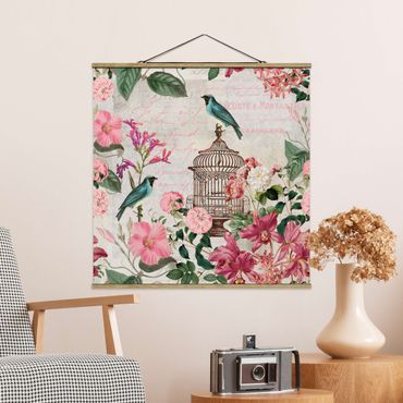 Stoffen schilderij met posterlijst Shabby Chic Collage - Pink Flowers And Blue Birds