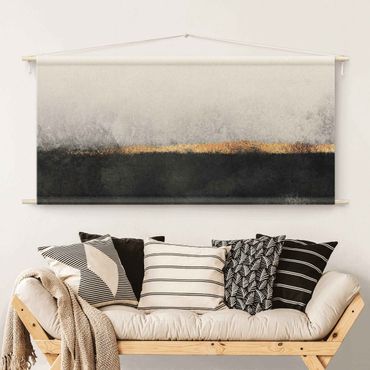 Wandtapijt - Abstract Golden Horizon Black And White