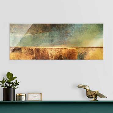 Glasschilderijen Abstract Lakeshore In Gold