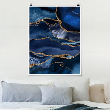 Posters Golden Glitter Waves Blue Backdrop