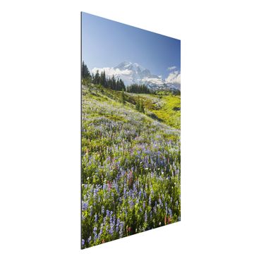 Aluminium Dibond schilderijen - Mountain Meadow With Red Flowers in Front of Mt. Rainier