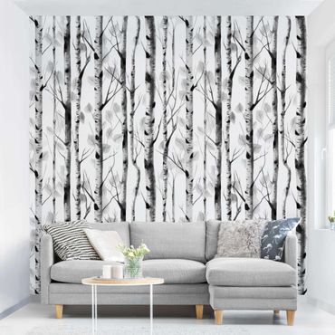 Fotobehang - Watercolour Birch Forest In Black And White