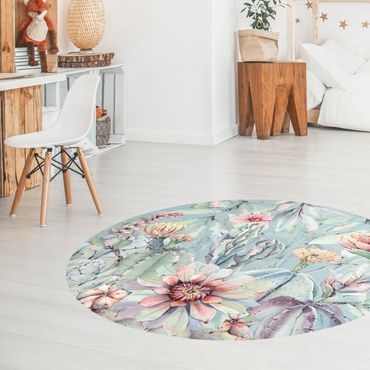 Rond vinyl tapijt Watercolour Blooming Cacti Bouquet