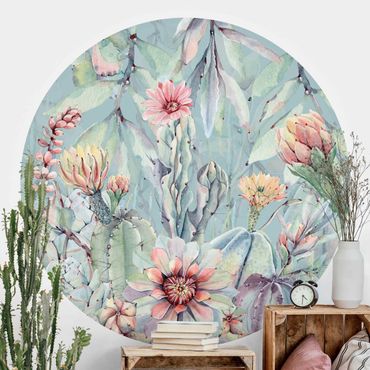 Behangcirkel Watercolour Blooming Cacti Bouquet