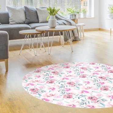 Rond vinyl tapijt Watercolour Flowers Pink With Blue Leaves