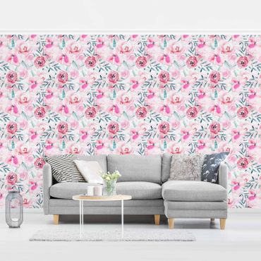 Patroonbehang Watercolour Flowers Pink With Blue Leaves
