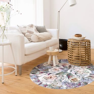 Rond vinyl tapijt Watercolour Lilac Peony Bouquet