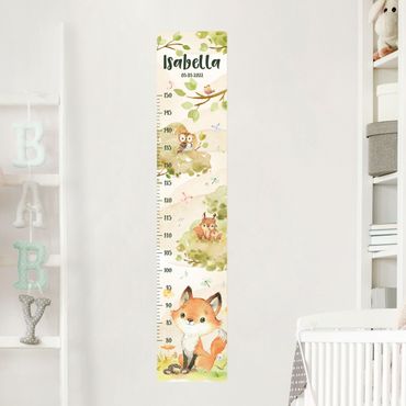 Muursticker groeimeter kinderen - Watercolour fox with custom name