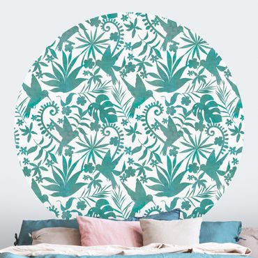 Behangcirkel Watercolour Hummingbird And Plant Silhouettes Pattern In Turquoise