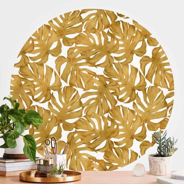Behangcirkel Watercolour Monstera Leaves In Gold