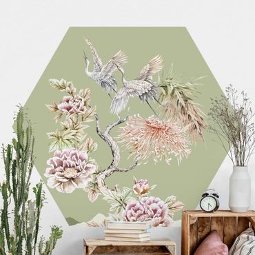 Hexagon Behang Watercolour Storks In Flight With Flowers On Green