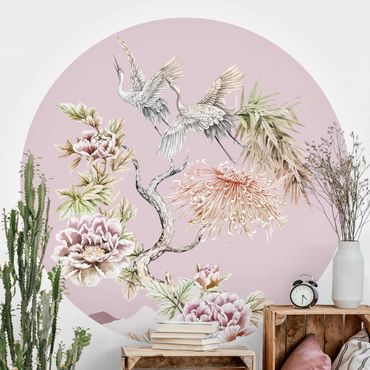 Behangcirkel Watercolour Storks In Flight With Flowers On Pink