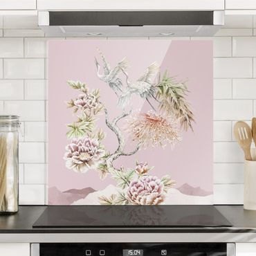 Spatscherm keuken Watercolour Storks In Flight With Flowers On Pink