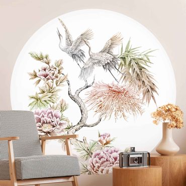 Behangcirkel Watercolour Storks In Flight With Flowers
