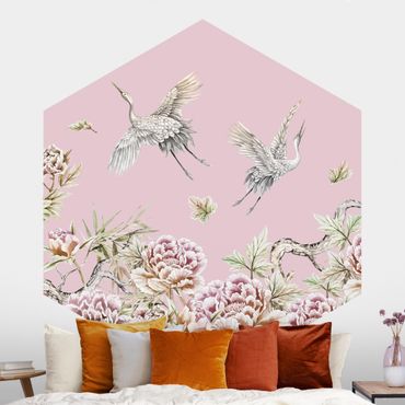Hexagon Behang Watercolour Storks In Flight With Roses On Pink