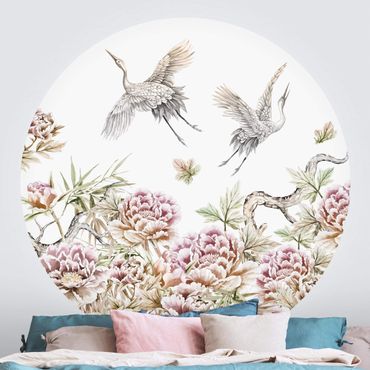 Behangcirkel Watercolour Storks In Flight With Roses