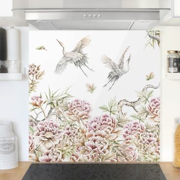 Spatscherm keuken Watercolour Storks In Flight With Roses