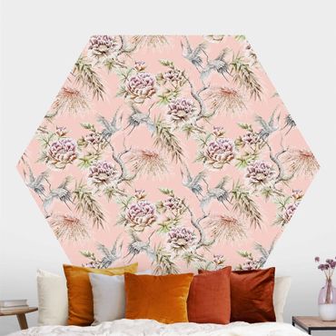 Hexagon Behang Watercolour Birds With Large Flowers In Front Of Pink