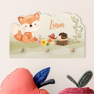 Wandkapstokken voor kinderen Watercolour Forest Animal Fox With Customised Name