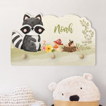 Wandkapstokken voor kinderen Watercolour Forest Animal Raccoon With Customised Name