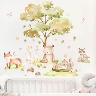 Muurstickers - Watercolour forest animals and autumn tree